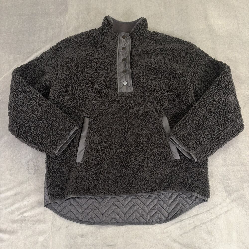 Athleta Cozy Sherpa Snap Sweatshirt Womens Large Black Fleece Pullover Travel